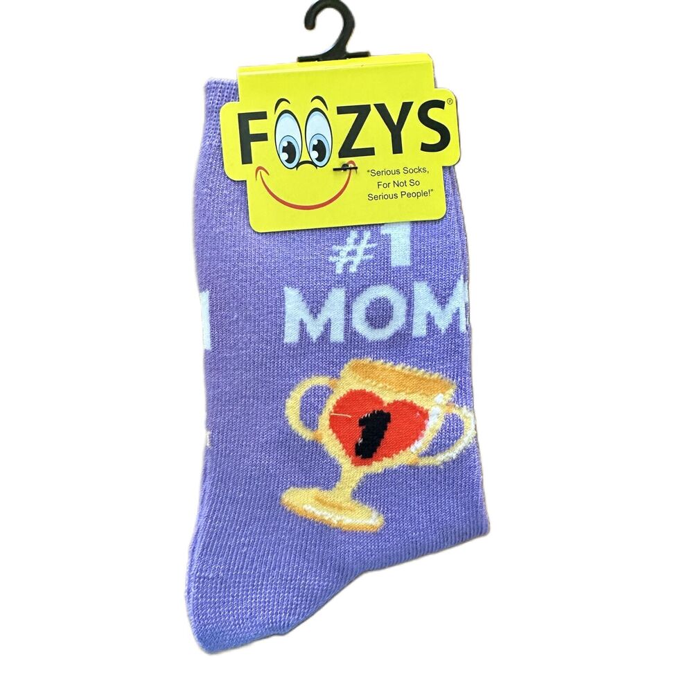 NWT Foozys Purple #1 MOM Graphic Trophy Cup Crew Socks Womens One Size